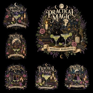 以下が含まれることがあります： Practical MagicとMidnight Margaritasの文字が入った6つのグラフィックイラストのコレクション。各デザインには、黒い背景に黒猫、灯されたキャンドル、本の山、ラベンダーの小枝、バラ、マルガリータグラスが描かれています。