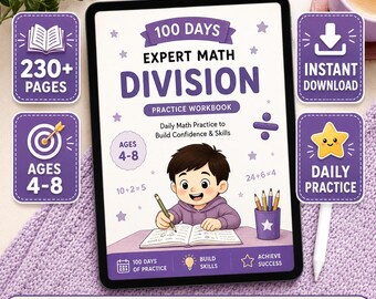 100 Tage Expert Math Abteilungs-Arbeitsblätter für Kinder im Alter von 4-8 |  Homeschool Mathe-Arbeitsbuch | Druckbare Sparte Aktivität | Tägliches Üben