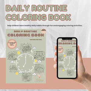 Pode incluir: Um livro de colorir digital intitulado Daily Routine Coloring Book com ilustrações de linhas de crianças realizando tarefas diárias em torno de um relógio, com texto indicando 27 páginas para colorir e opção de download instantâneo.