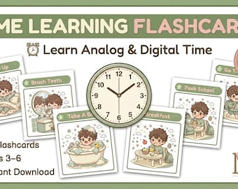 Zeit Lernkarten Druckbare, analoge & digitale Zeitkarten, tägliche Routine Karteikarten, Vorschullernen, Homeschool Ressourcen, Alter 3-6