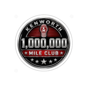 May include: A circular Kenworth 1,000,000 Mile Club emblem featuring a metallic silver border, a black background with red horizontal lines, the Kenworth logo at the top, large silver text reading 1,000,000, and five silver stars at the bottom.