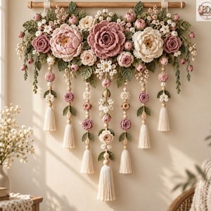 May include: A wall hanging featuring a horizontal arrangement of crocheted flowers in shades of dusty pink, cream, and white, accented with green leaves. Multiple vertical strands of wooden beads, small crocheted flowers, and cream tassels hang below.