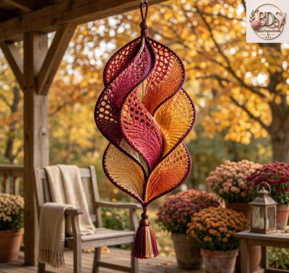 Crochet Wind Spinner Pattern PDF, Sunset Dahlia Double Twist Hanging Decor, Boho Garden Ornament, Instant Digital Download