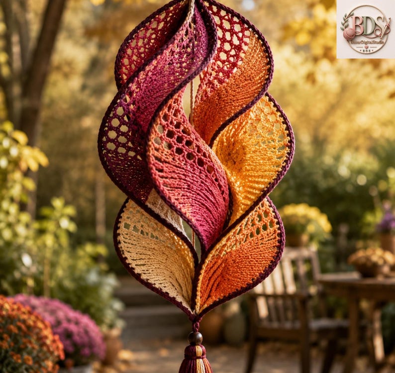 K&ouml;nnte beinhalten: Ein h&auml;ngendes Spiralornament aus geh&auml;keltem Garn in einem herbstlichen Farbverlauf, der von tiefem Burgunderrot und Dunkelviolett oben zu leuchtendem Orange und sanftem Gelb unten &uuml;bergeht, abgeschlossen mit einer kleinen dunklen Quaste.