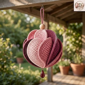May include: A spherical crochet ornament featuring layered, petal-like segments in shades of light pink, rose, and deep magenta. The ornament hangs from a pink cord attached to a small wooden bead at the top and a dark red teardrop crystal at the base.