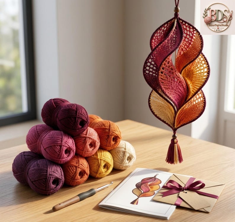 K&ouml;nnte beinhalten: Ein h&auml;ngendes Spiralornament aus geh&auml;keltem Garn in Farbverl&auml;ufen von Dunkelviolett, Rot, Orange und Gelb. Daneben liegen ein Stapel passender Garnkn&auml;uel, eine Metallh&auml;kelnadel, ein gedrucktes Anleitungsheft und ein Geschenkumschlag mit einer Schleife.