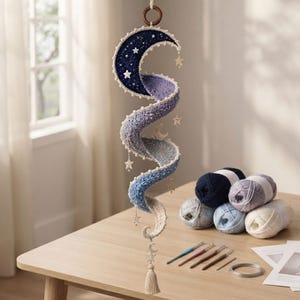 Pode incluir: Uma decoração em espiral suspensa com uma lua crescente no topo, transitando de azul-marinho escuro para creme claro. A peça é adornada com pequenas estrelas brancas, pingentes de estrela metálicos e uma borla, suspensa por um anel de madeira.