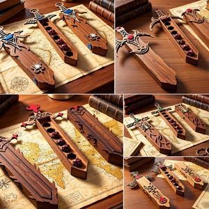 May include: A collection of wooden sword-shaped dice boxes with sliding lids, featuring intricate cutouts and colored inlays. The boxes contain dark red polyhedral dice. Text on the right reads: 5 Design, PDF, CDR, SVG, EPS, DFX, PNG, 3mm, Shop With Confidence!