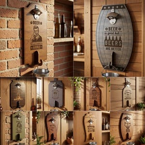 May include: A collection of ten wall-mounted wooden bottle openers featuring various engraved designs, metal openers, and attached catch buckets. The set includes digital files in PDF, CDR, SVG, EPS, DFX, and PNG formats for 3mm material thickness.