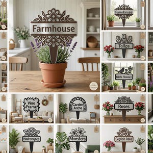 Può includere: Una collezione di segnaposto decorativi per piante con vari design tagliati al laser ed etichette come Farmhouse, Tulips, Roses, Floral Wreath, Vine Frame, Garden Arche, Birds Flowers, Calsies, Lavenders, Water Lily, Hydrangeas, Monstera e Hibiscus.