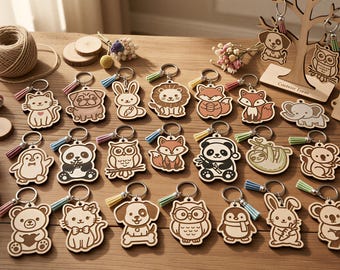 Lasergesneden houten sleutelhanger bundel SVG, 21+ schattige dieren ornament set, Glowforge xTool Cricut DXF-bestanden, Instant Download