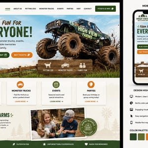 May include: A website design layout for High View Farms featuring a monster truck, a goat, and navigation menus. The interface includes sections for a petting zoo, events, and parties, with a mobile view and a color palette of green and orange.