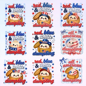 Può includere: Una collezione di nove illustrazioni grafiche raffiguranti ravioli in stile cartoon all'interno di cestelli per la cottura a vapore in bambù, decorati con temi patriottici rossi, bianchi e blu, stelle e scritte red, blue & white dumpling o all american dumpling.