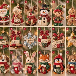 May include: A collection of eighteen fabric Christmas ornaments featuring various characters and shapes, including Santa, a snowman, a reindeer, animals, and festive symbols, each with a hanging string and a small wooden button detail.