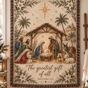 Christian Christmas Woven Blanket, Nativity Scene Throw, Religious Christmas Gift, Bible Verse Blanket, Jesus Christmas Decor AYJC58-RD