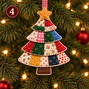 May include: A quilted Christmas tree ornament featuring a patchwork design of various floral and geometric fabrics in red, green, blue, yellow, and white. The tree is topped with a yellow star and hangs from a red and white gingham ribbon.