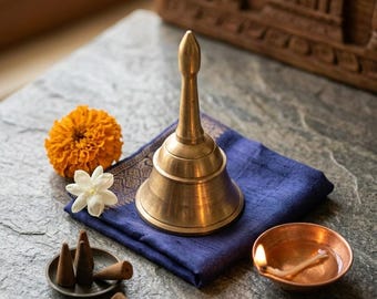 Antique Brass Handbell - Beautiful Solid Brass Table Bell - Traditional Home Decor - Ornate Handcrafted Brass Bell for Puja & Rituals