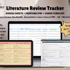 May include: A digital literature review tracker bundle featuring a laptop displaying a Google Sheets spreadsheet, a tablet showing a pink template, and a printed document. Text includes "FOOTNOTELY", "Literature Review Tracker", and "Buy all three. Save 15%."