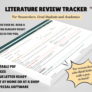 May include: A Literature Review Tracker document with 14 pages, available as a printable PDF in A4 and US Letter sizes. The document features a dark green header, organized columns for research notes, and text for researchers and academics.