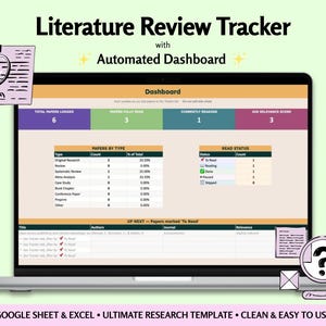 May include: A digital literature review tracker template displayed on a laptop screen, featuring an automated dashboard with tables for papers by type, read status, and a list of upcoming papers. The interface includes metrics for total papers logged.