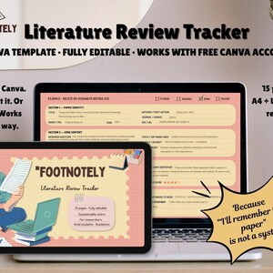 Op de afbeelding: Een digitale literatuuronderzoek-tracker-sjabloon van Footnotely, weergegeven op een laptop- en tabletscherm. De interface bevat secties voor papieridentiteit, kerninhoud en onderzoeksnotities met een roze rasterachtergrond en 15 pagina's.