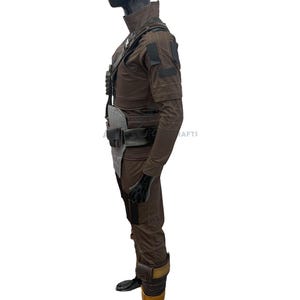 May include: A brown tactical jumpsuit featuring a high collar, long sleeves with geometric stitching, and a dark utility harness. The outfit includes a grey chest plate, a black belt with a small pouch, and dark brown leg coverings with tan accents.