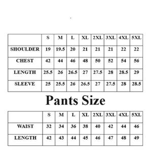 May include: A black and white sizing chart for clothing, featuring two tables labeled with sizes from S to 5XL. The top table lists measurements for shoulder, chest, length, and sleeve in inches. The bottom table, titled Pants Size, lists waist and length measurements in inches.