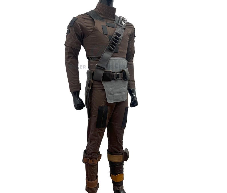 May include: A brown tactical costume set featuring a high-neck long-sleeve shirt, matching trousers, and a grey abdominal plate. The outfit includes a dark brown shoulder strap with ammunition loops, a utility belt, and layered brown leg wraps.