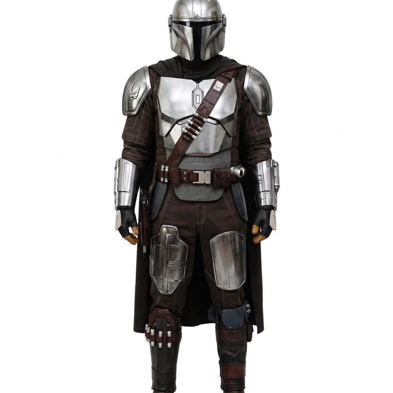 May include: A full-body suit of silver metallic armour featuring a rounded helmet with a T-shaped visor, shoulder pauldrons, gauntlets, and leg plating. The armour is worn over a dark brown textured fabric jumpsuit with a utility belt and bandolier.