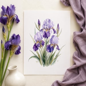 May include: A watercolor painting on white paper depicting a cluster of purple iris flowers with green stems and leaves. The artwork features three fully bloomed iris blossoms and two closed buds, rendered in shades of violet, indigo, and yellow.