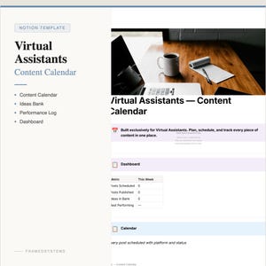 Könnte beinhalten: Eine Notion-Vorlage für virtuelle Assistenten mit dem Titel Content Calendar. Die Benutzeroberfläche zeigt ein Dashboard mit Abschnitten für einen Inhaltskalender, eine Ideenbank, ein Leistungsprotokoll und ein Dashboard.