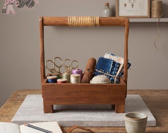 Teak Wood Caddy Basket with Rattan Handle, Rustic Kitchen Utensil Tabletop Organizer