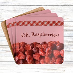 Oh Raspberries! Photo Fruit Coaster Set | Cute Fruit Kitchen Decor, Cute Pink Fruit Coasters Housewarming Gift