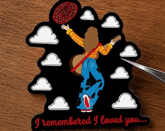 "Toy Story 5 Inspirierter Film Fan Art Aufkleber - ""Ich erinnerte mich, ich habe dich geliebt"" Cowgirl & Gitarre Design ("