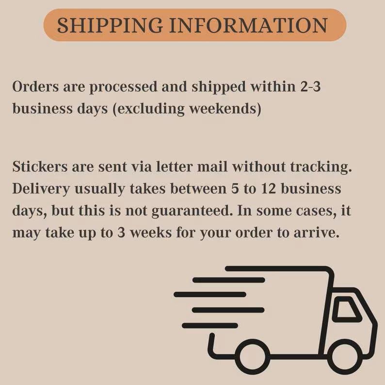 K&ouml;nnte beinhalten: Eine beige Informationsgrafik mit dem Text SHIPPING INFORMATION in einem dunkelbraunen abgerundeten Rechteck, gefolgt von schwarzem Text zu Bearbeitungs- und Lieferzeiten sowie einer schwarzen Strichzeichnung eines Lieferwagens.
