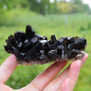 May include: A cluster of dark, translucent smoky quartz crystals with sharp, pointed terminations and a jagged, crystalline structure. The mineral specimen features deep black and charcoal grey hues with a natural, rough, and unpolished base.