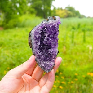 Könnte beinhalten: Eine rohe Amethyst-Geodenscheibe mit tiefvioletten, kristallinen Strukturen innerhalb eines dunklen, felsigen Randes. Das Mineralexemplar zeigt eine gezackte, unregelmäßige Form mit durchscheinenden, facettierten Spitzen.