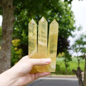 May include: Three translucent yellow crystal points with a hexagonal shape and pointed tips. The crystals exhibit natural internal inclusions and varying shades of golden yellow, arranged side by side in a vertical orientation.