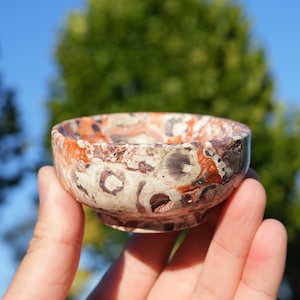 May include: A small, round bowl carved from polished stone featuring a mottled pattern of cream, rust-orange, and dark brown circular inclusions. The bowl has a smooth, rounded rim and a slightly tapered base, showcasing natural mineral textures.
