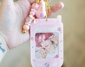 Kawaii Retro Klapphandy-Fotokartenhalter-Schlüsselanhänger | Y2K Kpop PC-Halter mit Goldbeschlägen
