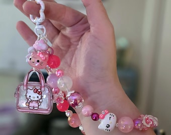 Kawaii-Armband mit rosa Perlen | Miniatur-Geldbörse & Katzenanhänger | Taschenriemen mit Blumenverschluss
