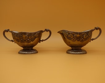 Mid Century Silver Plate Creamer and Sugar Bowl Set Japan, Ornate Repoussé Grapevine and Roses Coffee Tea Service Decor, White Enamel Lining