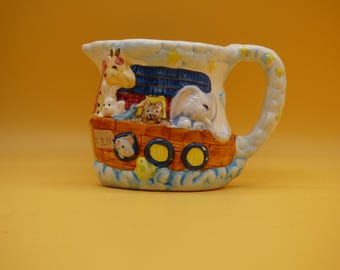 Vintage Hand-Painted Noah's Ark Ceramic Creamer, Pastel Animals, Whimsical Nursery Decor