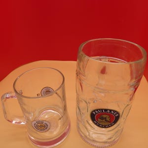 German Beer Mug Set 1980s 1990s • Paulaner Munchen 1L Masskrug & Warsteiner 0.5L Dimpled Glass Stein • Mismatched Oktoberfest Barware Set