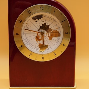 Mahogany World Time Desk Clock, Vintage Map, Brass Trim, Executive Office Decor
