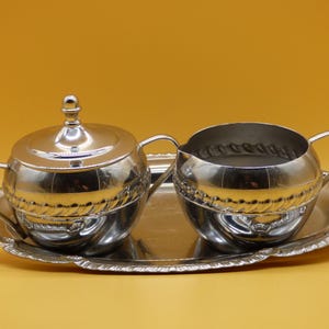 Irvinware Chrome Cream Sugar Set with Tray, Mid Century Modern Tableware, 1970s Non-Tarnish Service