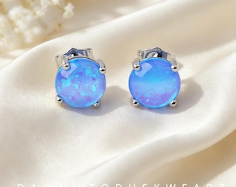 Round Blue Opal Stud Earrings, Minimal Four Prong Silver Opal Studs, Dainty Cute Opal Earrings for Girls Gift