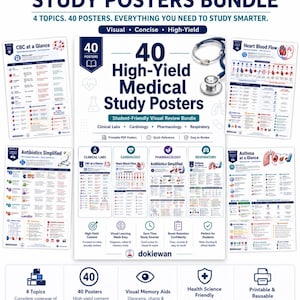 May include: A bundle of 40 high-yield medical study posters featuring clinical labs, cardiology, pharmacology, and respiratory topics. The posters include diagrams, charts, and mnemonics with text such as 40 High-Yield Medical Study Posters.