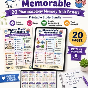 May include: A digital study bundle titled Pharm Made Memorable featuring 20 pharmacology memory trick posters. The set includes colourful infographics on antifungal medications and antibiotic classes, displayed on a tablet and laptop screen.