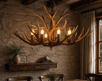 6-Light Deer Horn Antlers Chandelier | Pendant Light with E12 Base, Antler Lamp Height Adjustable for Cafes, Bars, Kitchen